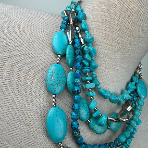 Multi-strand (5) Faux Turquoise Dyed Howlite & Silver Tone Necklace 18.5" Chunky - Picture 4 of 6